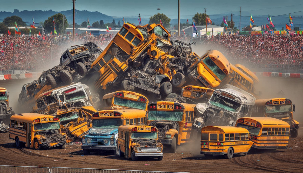 Pile of school buses in a demolition derby at a fairgrounds.